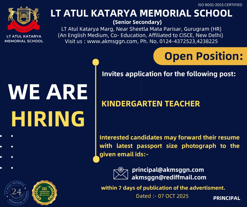 LT. Atul Katariya Memorial School, Gurugram Hiring